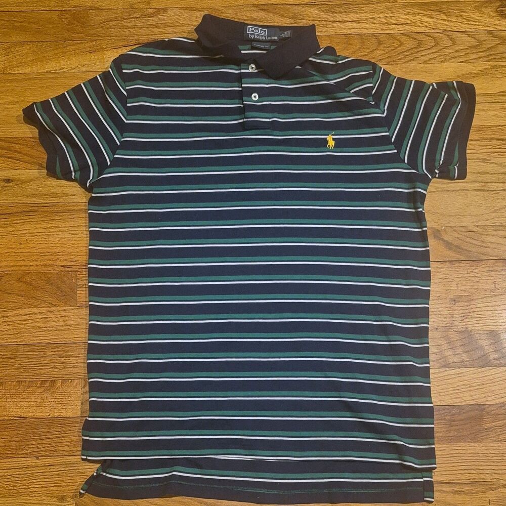 Polo Ralph Lauren Polo Shirt Mens Large Blue Green Striped Custom Fit